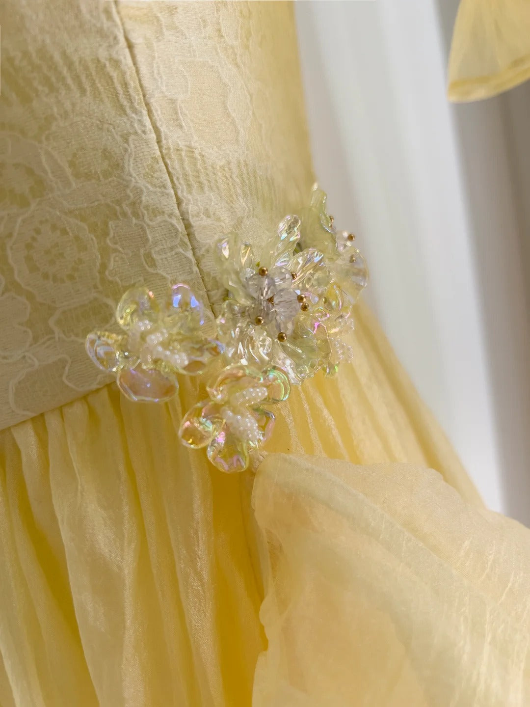 Sweet Yellow A-Line Square Neck Puff Sleeve Lace Tulle Long Prom Dresses