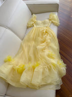 Sweet Yellow A-Line Square Neck Puff Sleeve Lace Tulle Long Prom Dresses