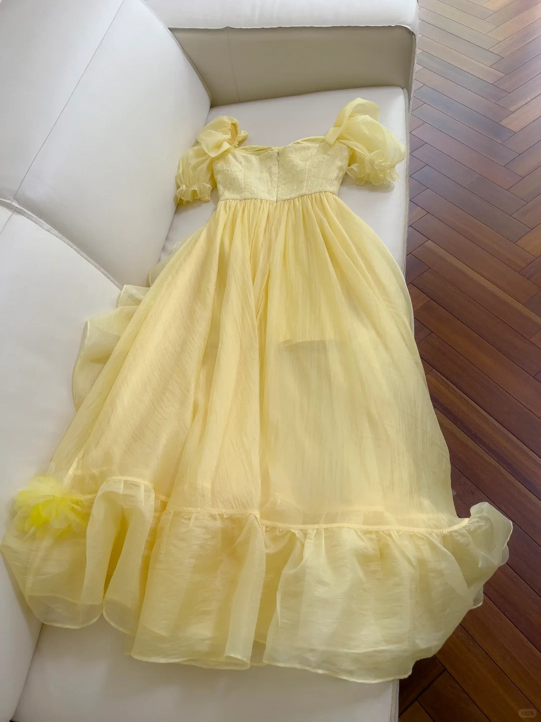 Sweet Yellow A-Line Square Neck Puff Sleeve Lace Tulle Long Prom Dresses