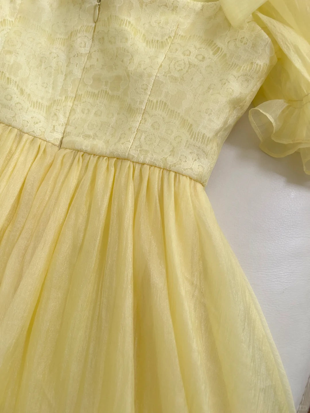 Sweet Yellow A-Line Square Neck Puff Sleeve Lace Tulle Long Prom Dresses