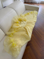 Sweet Yellow A-Line Square Neck Puff Sleeve Lace Tulle Long Prom Dresses