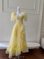 Sweet Yellow A-Line Square Neck Puff Sleeve Lace Tulle Long Prom Dresses