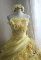 Sweet Yellow A Line Strapless Organza Wedding Dresses With Appliques And Rhinestones Long Ball Gowns