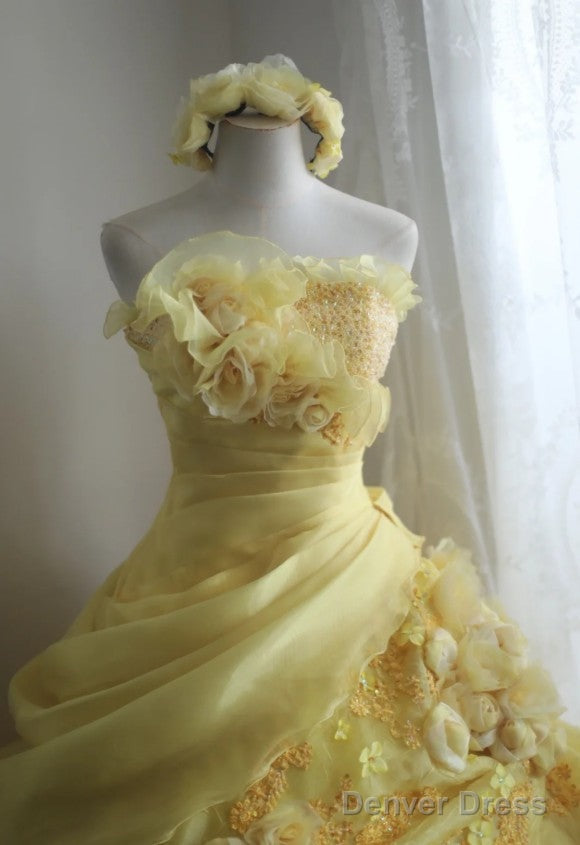 Sweet Yellow A Line Strapless Organza Wedding Dresses With Appliques And Rhinestones Long Ball Gowns