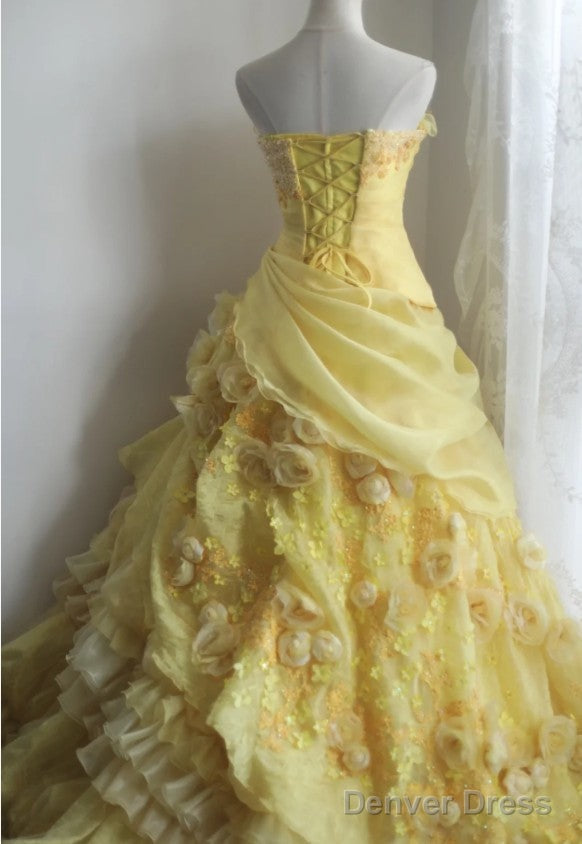 Sweet Yellow A-Line Strapless Organza Wedding Dress With Appliques And Rhinestones Long Ball Gown