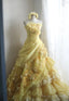 Sweet Yellow A-Line Strapless Organza Wedding Dress With Appliques And Rhinestones Long Ball Gown