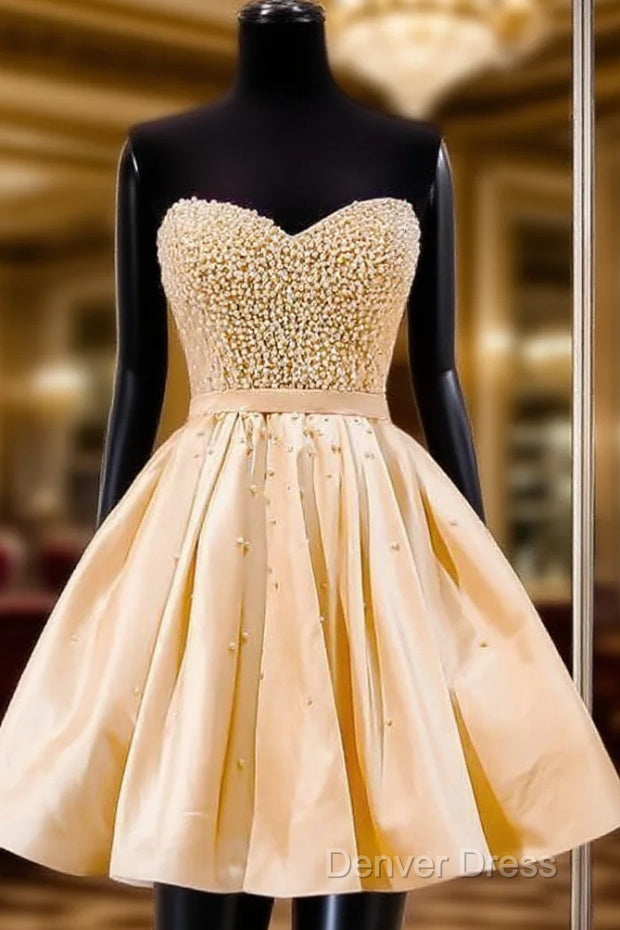 Sweetheart A Line Knee Length Satin Homecoming Dresses With Beading