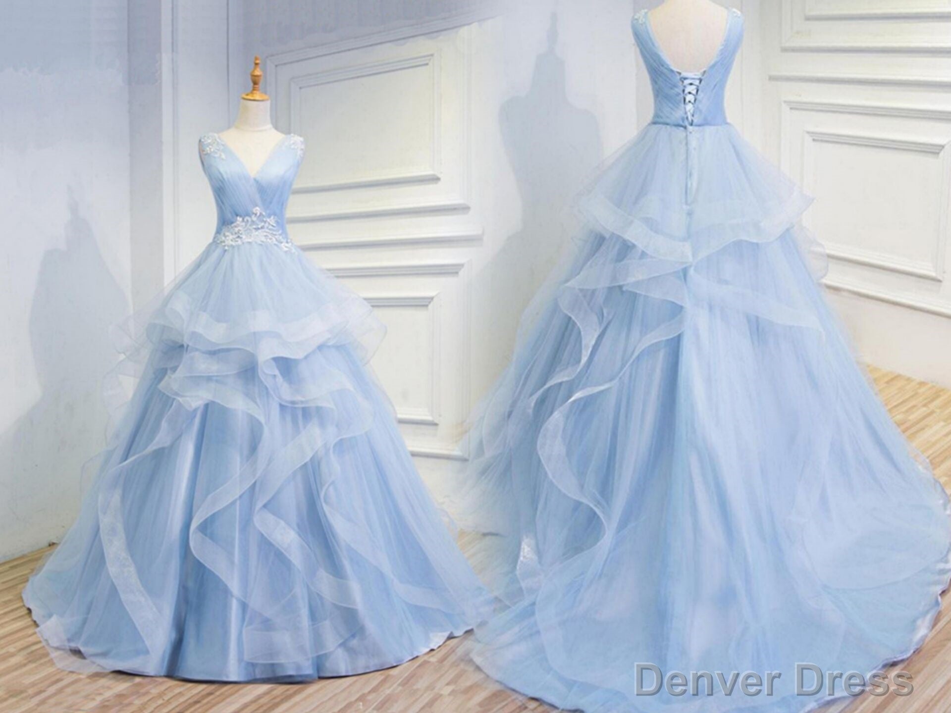 Sweetheart Baby Blue Organza V Neck Ruffles Appliques Prom Dresses
