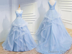 Sweetheart Baby Blue Organza V Neck Ruffles Appliques Prom Dresses