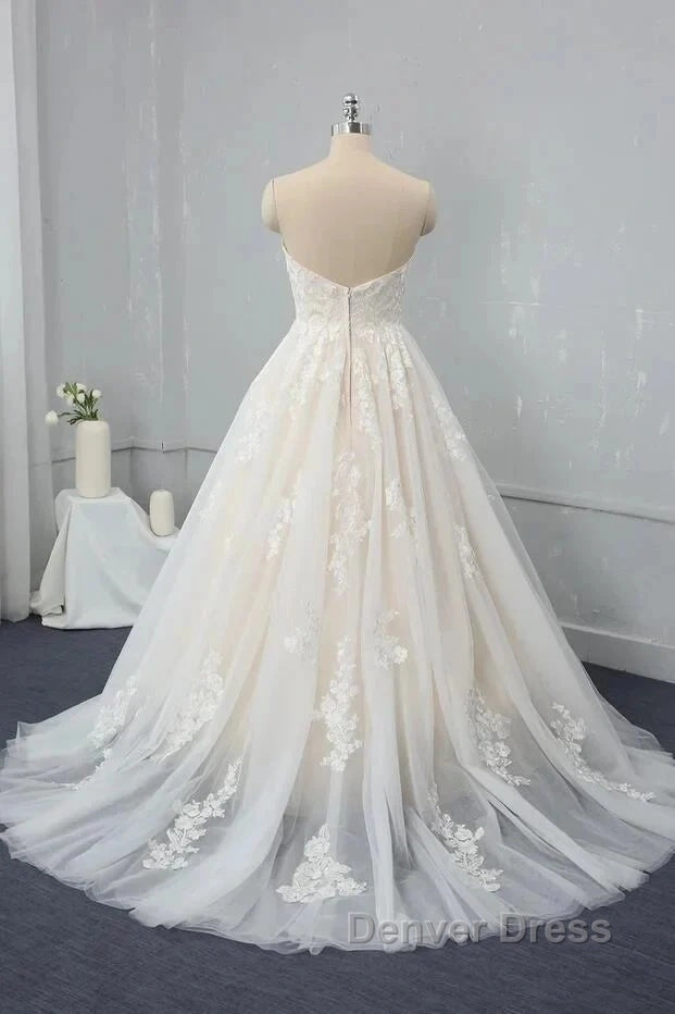 Sweetheart Backless Long Wedding Dresses Tulle With Lace Appliques Secondary image