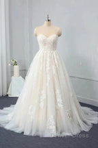 Sweetheart Backless Long Wedding Dresses Tulle With Lace Appliques