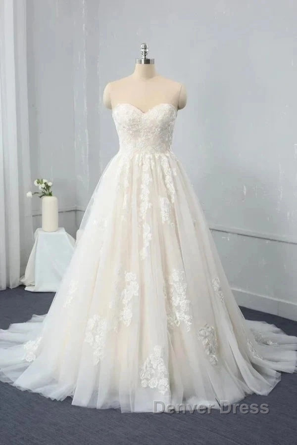 Sweetheart Backless Long Wedding Dresses Tulle With Lace Appliques