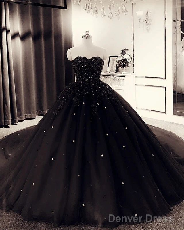 Sweetheart Ball Gown Crystals Black Prom Dresses Beaded Quinceanera Dresses Main image
