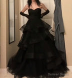 Sweetheart Black Rufflue Long Prom Dresses