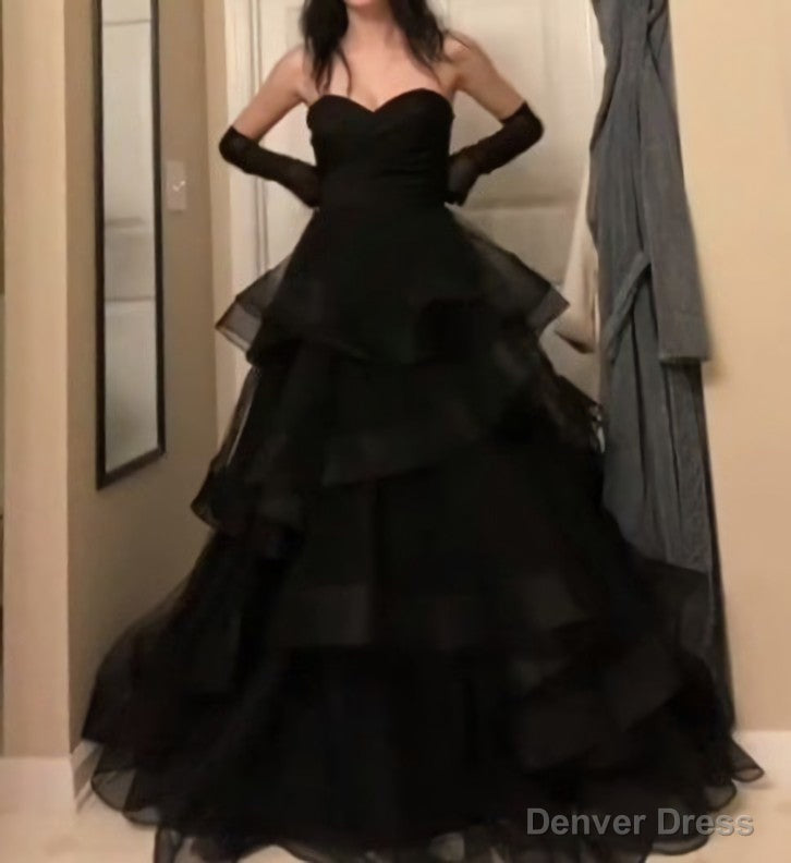 Sweetheart Black Rufflue Long Prom Dresses