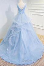 Sweetheart Blue Organza Ballgown V Neck Ruffles Appliques Prom Dresses