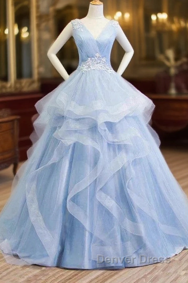 Sweetheart Blue Organza Ballgown V Neck Ruffles Appliques Prom Dresses Main image