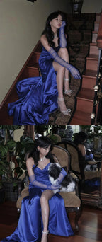 Sweetheart Blue Prom Girls Dress, Pleated Long Prom Dresses With Side Slit
