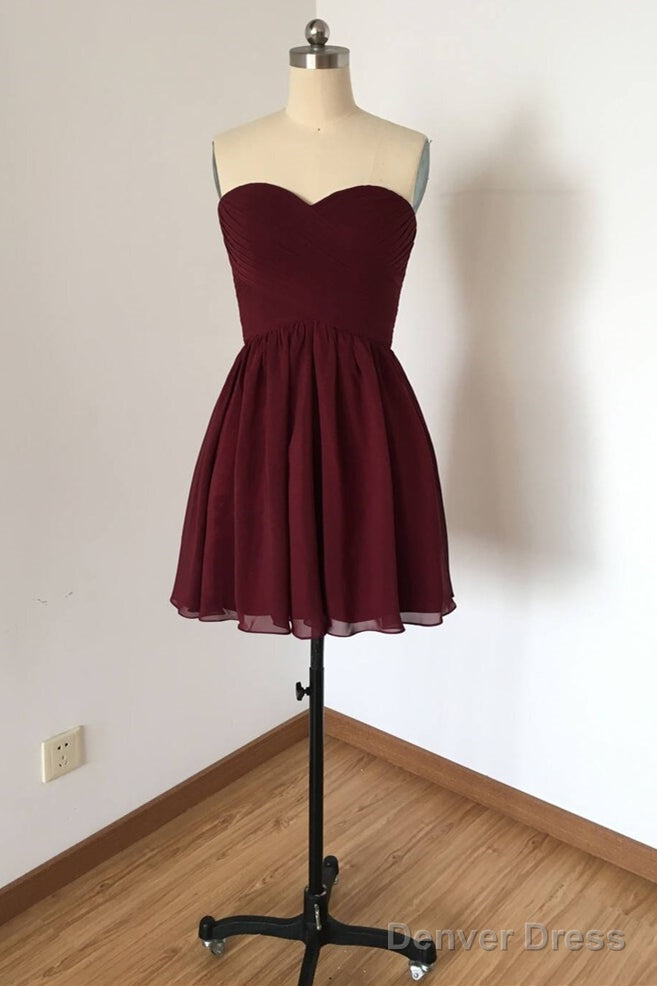 Sweetheart Burgundy A Line Chiffon Short Bridesmaid Dresses