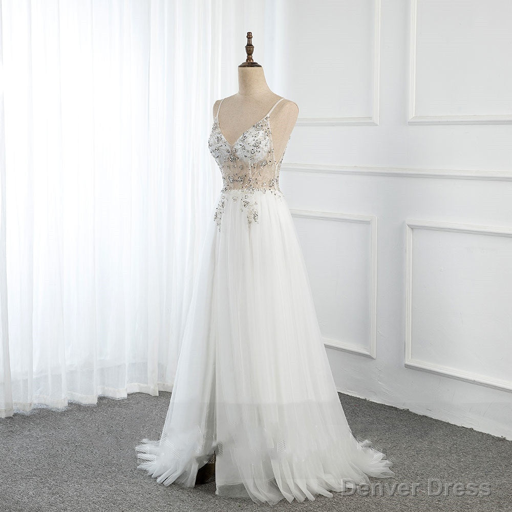 Sweetheart Crystal Prom Dresses Straps Spaghetti Tulle Prom Gowns Split Side