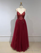 Sweetheart Crystal Prom Dresses Straps Spaghetti Tulle Prom Gowns Split Side