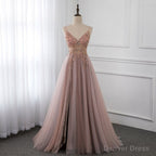 Sweetheart Crystal Prom Dresses Straps Spaghetti Tulle Prom Gowns Split Side