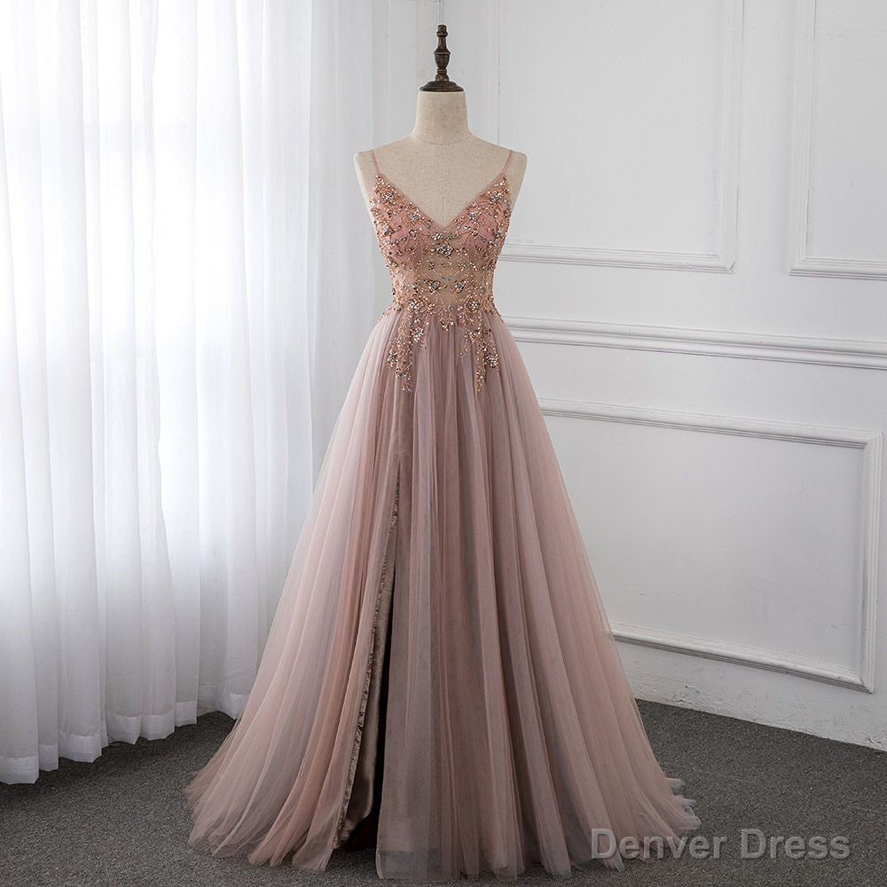 Sweetheart Crystal Prom Dresses Straps Spaghetti Tulle Prom Gowns Split Side