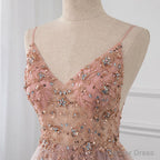 Sweetheart Crystal Prom Dresses Straps Spaghetti Tulle Prom Gowns Split Side