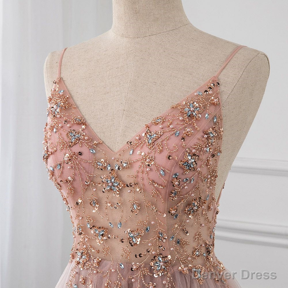 Sweetheart Crystal Prom Dresses Straps Spaghetti Tulle Prom Gowns Split Side