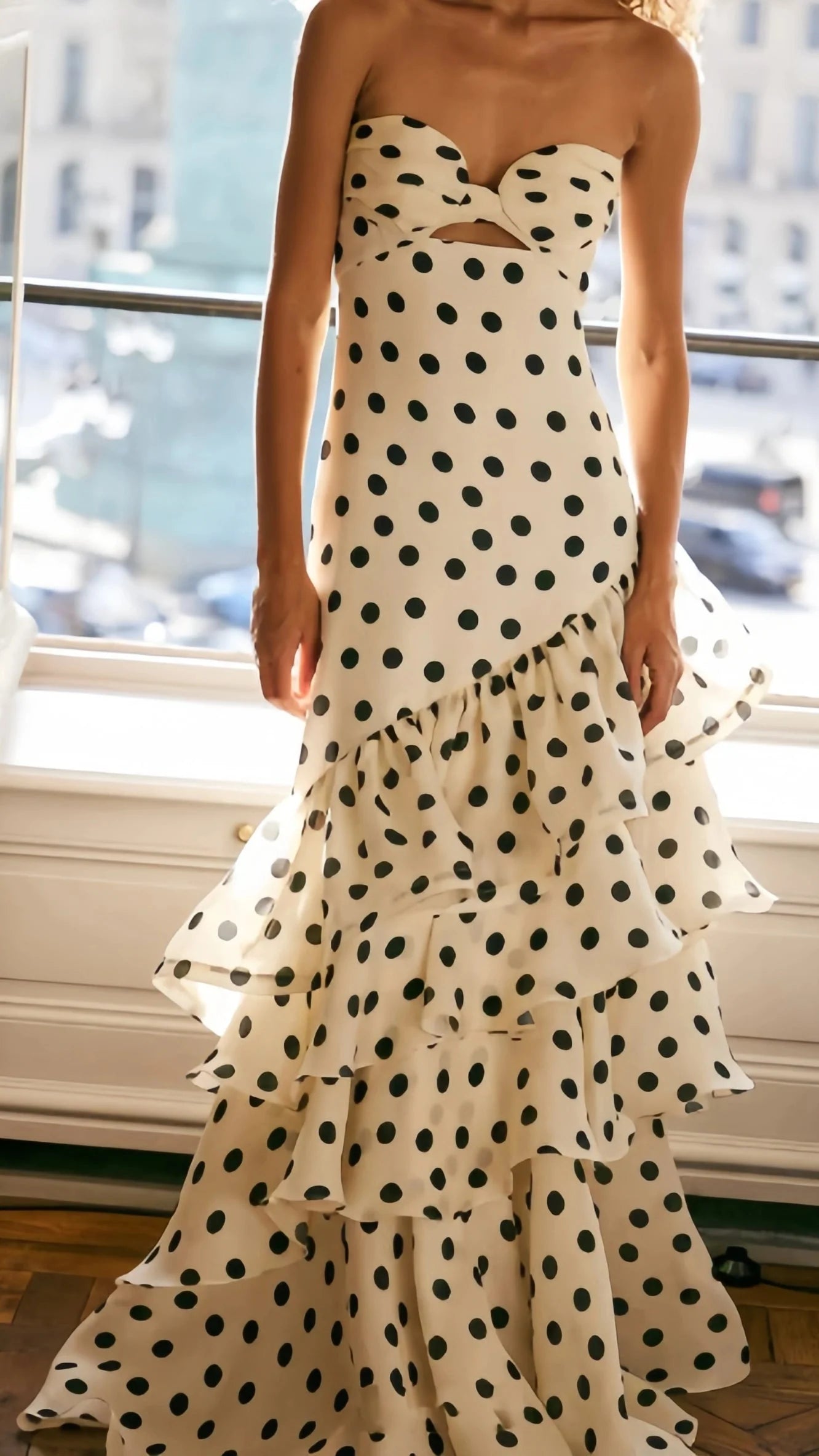 Sweetheart Dots Ruffle Chiffon Prom Dresses,