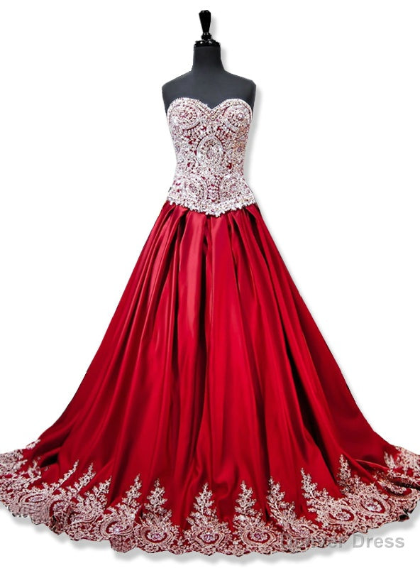 Sweetheart Gold Lace Appliques Ball Gowns Red Prom Dress Main image