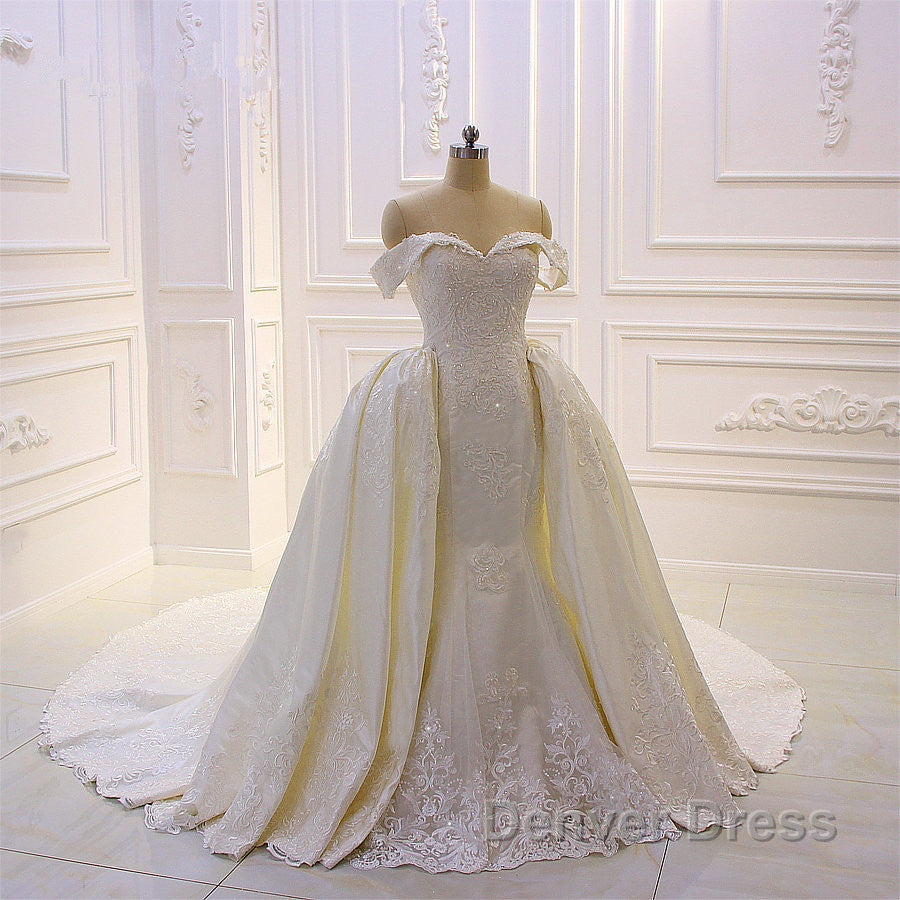 Sweetheart Lace Appliques Off the Shoulder Detachable Train Wedding Dresses