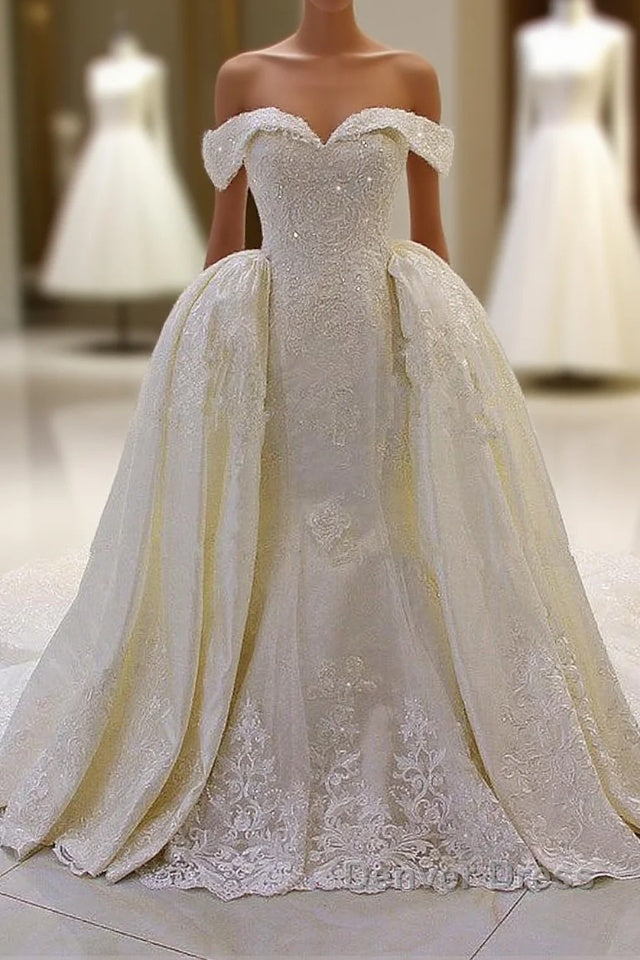 Sweetheart Lace Appliques Off the Shoulder Detachable Train Wedding Dresses