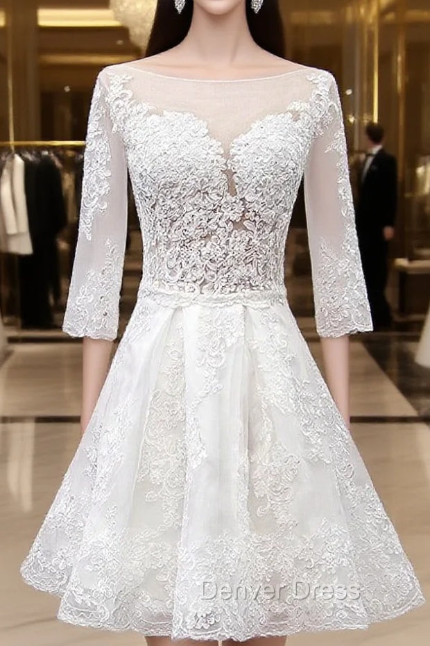 Sweetheart Lace Short Long Sleeves Wedding Dresses