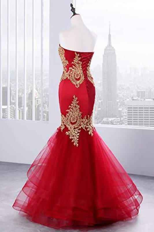 Sweetheart Mermaid Red Prom Dress Gold Appliqued Long Evening Dress Secondary image