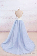 Sweetheart Neck Backless Blue And White Sweep Train Lace Prom Dress, Formal Dress
