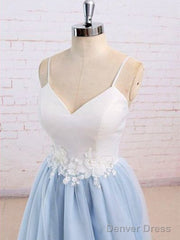 Sweetheart Neck Backless Blue And White Sweep Train Lace Prom Dress, Formal Dress