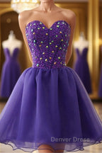 Sweetheart Neck Beaded Dark Purple Short Prom Dress, Strapless Dark Purple Homecoming Dress, Dark Purple Beaded Prom Dresses