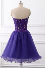 Sweetheart Neck Beaded Dark Purple Short Prom Dress, Strapless Dark Purple Homecoming Dress, Dark Purple Beaded Prom Dresses