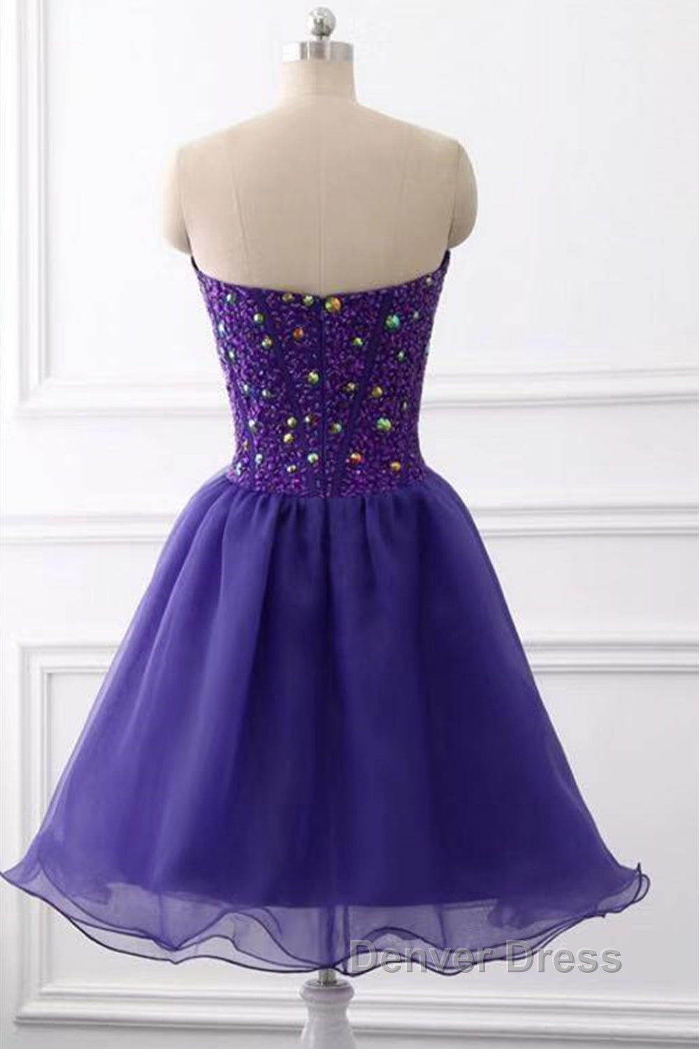 Sweetheart Neck Beaded Dark Purple Short Prom Dress, Strapless Dark Purple Homecoming Dress, Dark Purple Beaded Prom Dresses