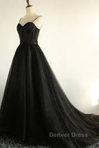 Sweetheart Neck Black Tulle Long Prom Dress, Thin Straps Black Prom Dresses, Black Ball Gowns