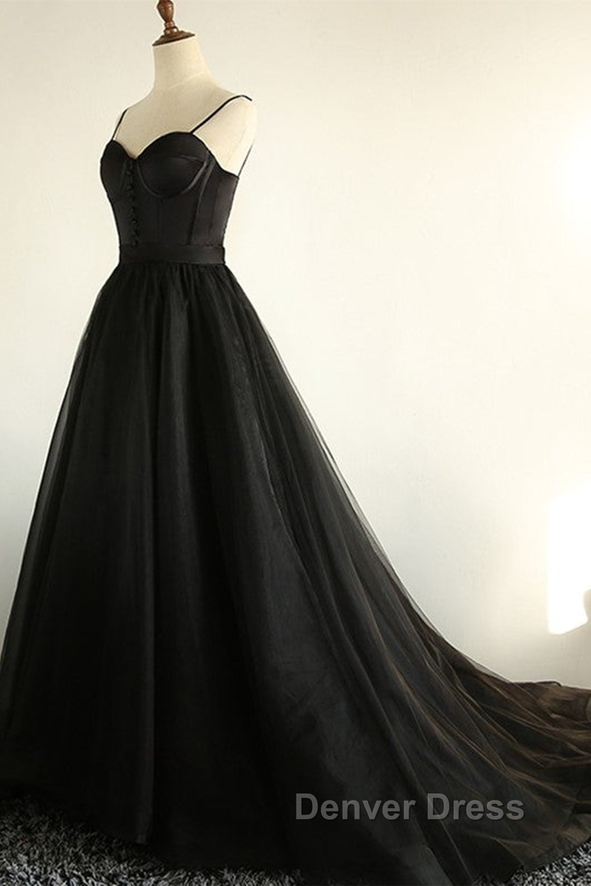 Sweetheart Neck Black Tulle Long Prom Dress, Thin Straps Black Prom Dresses, Black Ball Gowns