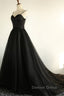 Sweetheart Neck Black Tulle Long Prom Dress, Thin Straps Black Prom Dresses, Black Ball Gowns