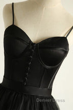 Sweetheart Neck Black Tulle Long Prom Dress, Thin Straps Black Prom Dresses, Black Ball Gowns