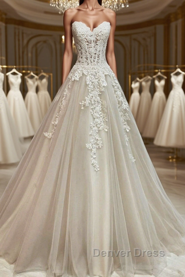 Sweetheart Neck Champagne Tulle Lace Long Prom Dress, Strapless Champagne Prom Dress, Champagne Lace Prom Dresses