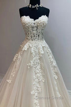 Sweetheart Neck Champagne Tulle Lace Long Prom Dress, Strapless Champagne Prom Dress, Champagne Lace Prom Dresses