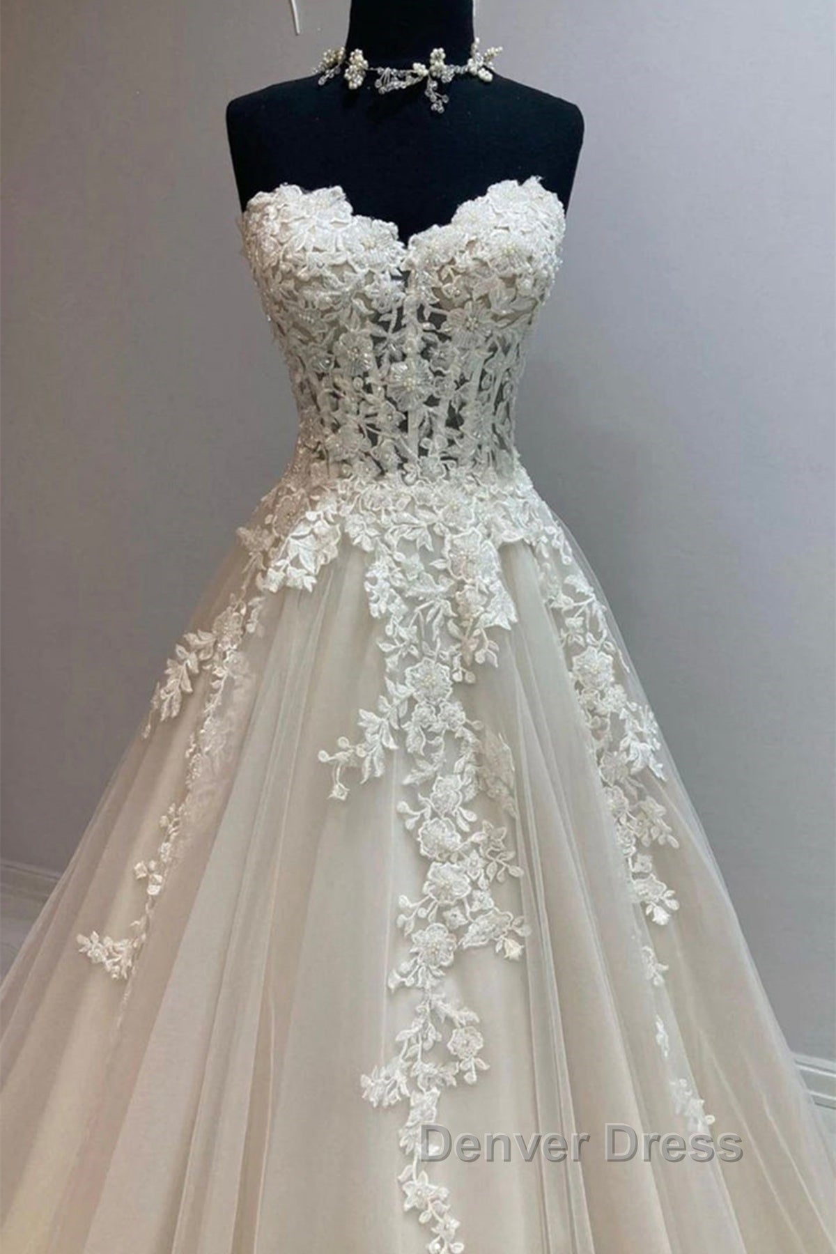 Sweetheart Neck Champagne Tulle Lace Long Prom Dress, Strapless Champagne Prom Dress, Champagne Lace Prom Dresses