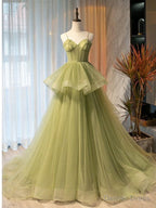 Sweetheart Neck Green Tulle Long Prom Dress, Green Tulle Long Prom Graduation Dresses