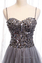 Sweetheart Neck Grey Sequins Tulle Long Prom Dress, Grey Sequins Prom Dresses