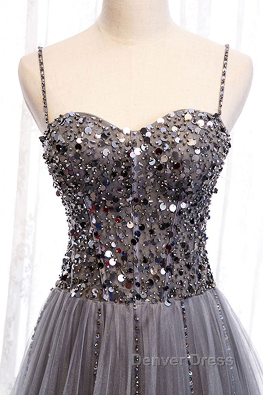 Sweetheart Neck Grey Sequins Tulle Long Prom Dress, Grey Sequins Prom Dresses